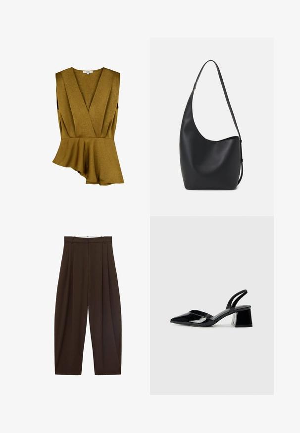 Mosterdgele peplumtop van textiel met structuur, met een diepe V-hals en zonder mouwen, voorzien van een asymmetrische zoom.; Bruine high-waisted broek met plooien, gemaakt van soepel materiaal. Loose fit, rechte pijpen, met riemlussen en een ritsluiting.; Zwarte gepatineerde leren slingback hakken met een spitse neus en een geometrische blokhak. Kenmerkt zich door een slank, minimalistisch ontwerp en een gladde textuur.; Zwarte leren hobo tas met een gladde textuur, kromme vorm en een enkele verstelbare schouderband; heeft een brede opening aan de bovenkant.