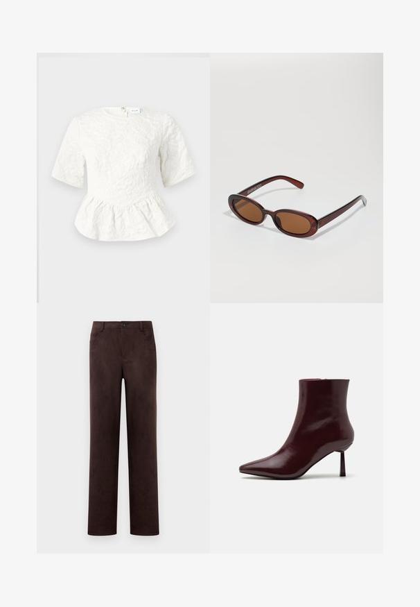 Top peplum blanco con mangas cortas, patrón floral texturizado, escote redondo y cierre de cremallera en la parte posterior. Tejido suave con un diseño estructurado.; Pantalones rectos de ante marrón oscuro con cierre de botón delantero y cremallera, trabillas para cinturón y bolsillos laterales.; Botín de charol burdeos con punta afilada y tacón de aguja delgado, que presenta una textura suave y brillante y un diseño minimalista.; Gafas de sol redondas con tinte marrón y un marco burdeos brillante. Patillas delgadas con un sutil detalle de marca. Diseño de lentes planos.
