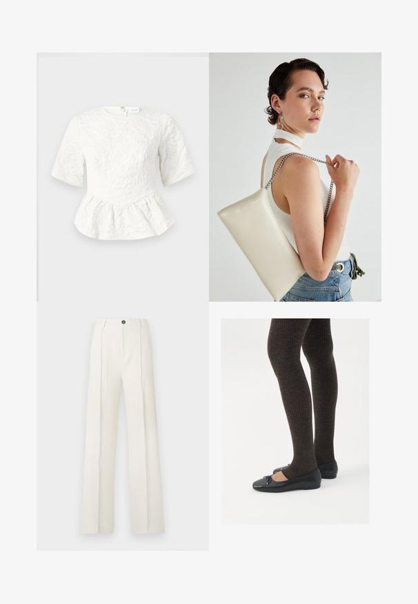 Biely peplum top s krátkymi rukávmi, textúrovaným kvetinovým vzorom, okrúhlym výstrihom a zipsom na chrbte. Mäkko tkanina so štruktúrovaným dizajnom.; Biele široké nohavice s vysokým pásom, ktoré majú dva predné skladania, jednoposchodové zapínanie a vrecká. Hladká textúra látky.; Čierne ploché topánky s malou mašľou na špičke, v kombinácii s tmavohnedými rebrovanými pančuchami. Topánky majú hladký povrch a nízky profil.; Biely obdĺžnikový kabelka z lesklého materiálu s strieborným reťazovým popruhom. Model predvádza kabelku na jednotnom pozadí.