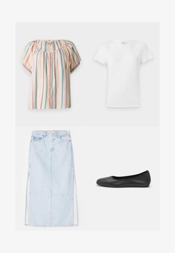 Kortermet, lett bluse med flerfargede vertikale striper i rosa, grønt og blått, med rund hals og knappelukking foran.; Hvit bomull T-skjorte med rund hals og korte ermer, med en avslappet passform og minimalistisk design. Merke synlig ved nakken.; Lys blå denim maxi skjørt med rett snitt, med sidespalter og fem-lommers design. Fremtredende søm og metallknapplukking.; Svart skinnballettflatt med rund tå, glatt tekstur, minimal sømdetalj, og et fleksibelt såledesign.