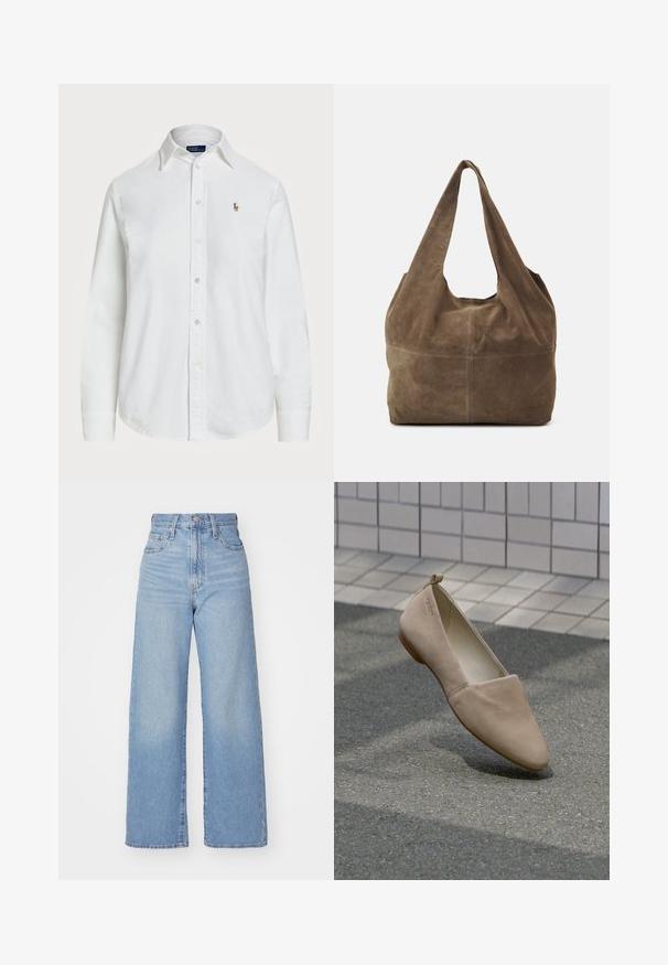 White button-up shirt made of cotton with a classic collar, long sleeves, and a small embroidered logo on the chest. Textured fabric.; Light blue high-waist wide-leg jeans with front button and zip closure, front and back pockets, on a white background.; Beige flat shoe made of soft material, featuring a pointed toe and minimalistic design. Includes a small heel and loop at the back.; Brown suede hobo bag with a single shoulder strap, soft texture, and a rounded shape. Features a seam across the middle for added detail.