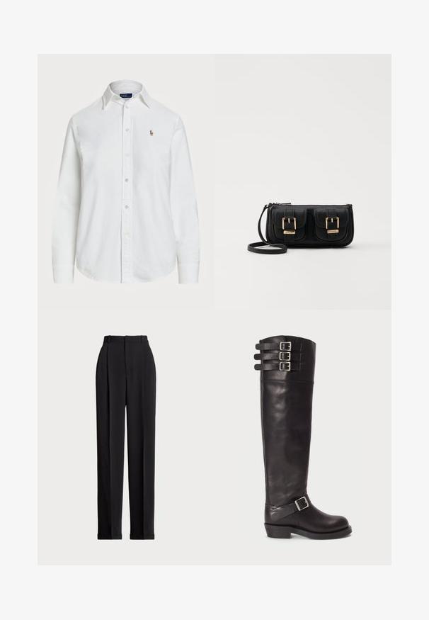 White button-up shirt made of cotton with a classic collar, long sleeves, and a small embroidered logo on the chest. Textured fabric.; Black tailored trousers with a high waist, featuring pleats at the front, a straight leg design, and a cuffed hem. Made from smooth fabric.; Black leather knee-high boot with a rounded toe, three strap buckles at the top, and a side buckle detail. Flat sole and smooth texture.; Black leather crossbody bag with two front pockets, gold buckles, zipper closure, and a slim strap. Textured surface and compact rectangular shape.