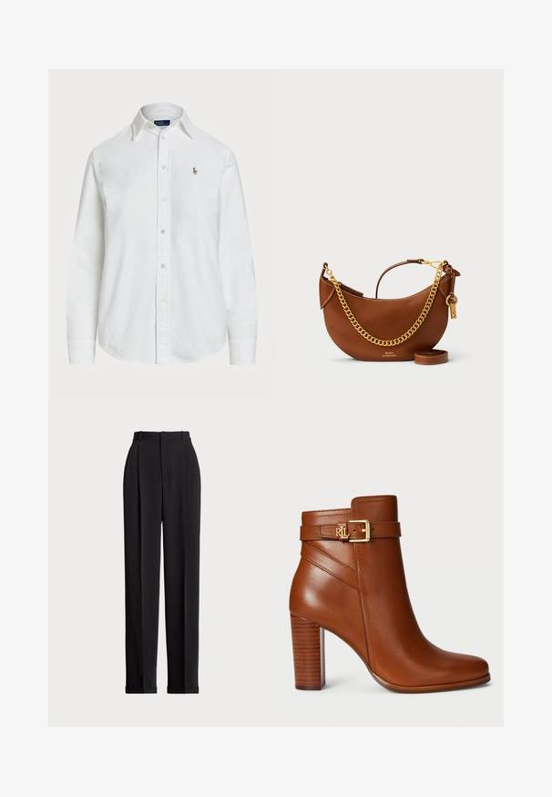 Camisa branca de botão, feita de algodão, com colarinho clássico, mangas longas e um pequeno logótipo bordado no peito. Tecido texturizado.; Calças pretas ajustadas com uma cintura alta, apresentando pregas na frente, um design de perna reta e bainha com punho. Feitas de tecido suave.; Bota de tornozelo em couro castanho com biqueira arredondada, detalhe em fivela dourada na tira e um salto de madeira texturizado. Acabamento suave e design elegante.; Bolsa de mão de couro castanho com um design curvado, alça de corrente dourada, bolso interior e uma alça de ombro destacável. Apresenta costura em contraste.