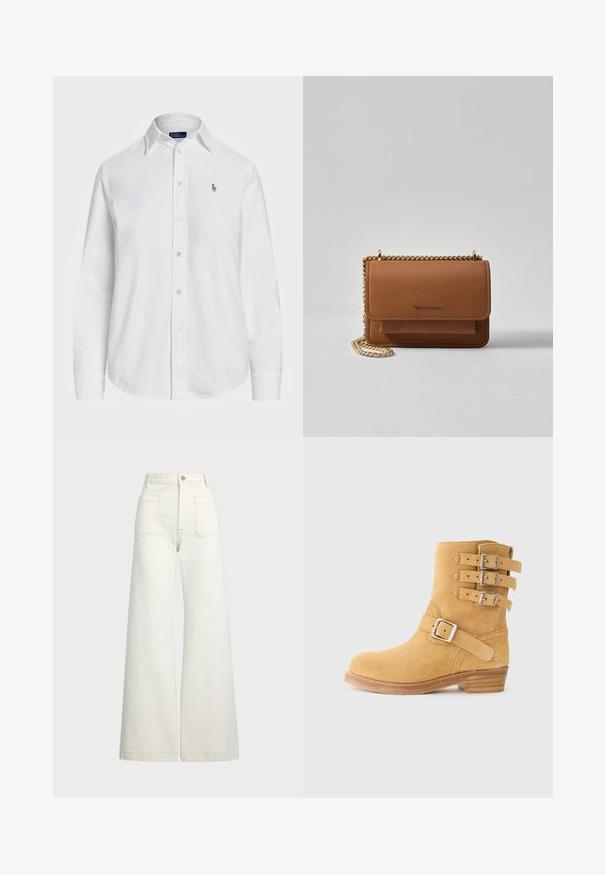 Balta medvilninė marškiniai su klasikiniu apykakle, ilgomis rankovėmis ir mažu išsiuvinėtu logotipu krūtinėje. Tekstūruotas audinys.; Plati kojinės džinsai of white denimo. Aukštas liemuo, su mygtuko uždarymu, dviem priekinėmis kišenėmis ir kontrastingai siuvinėjimu.; Geltonos spalvos zomšiniai aulinukai su trimis sagtelėmis šone, apvalia nosimi ir sluoksniuota medine kulniuku. Tekstūruotas paviršius geresniam sukibimui.; Ruda tekstūruota odinė per petį nešama rankinė su auksiniu grandininiu dirželiu ir užlenkiamo užsegimo. Priekinėje pusėje yra logotipo detalė ir kišenė po užlenkimu.