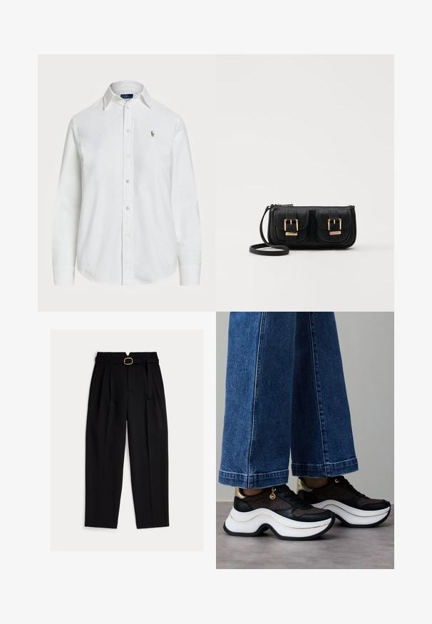 Fehér, gombos, pamut ing klasszikus gallérral, hosszú ujjakkal, és egy kis hímzett logóval a mellkasán. Texturált anyag.; Fekete, magas derekú nadrág övvel, húzott elejű és széles szárú kialakítással. Sima anyagból készült, klasszikus szabással.; Fekete és arany sportcipők ívelt, fehér talppal. Texturált szövet logós részletekkel. Széles, kék farmernadrággal párosítva.; Fekete bőr keresztbody táska két elülső zsebbel, arany csattokkal, cipzáras záródással és vékony pánttal. Textúrált felület és kompakt téglalap alak.