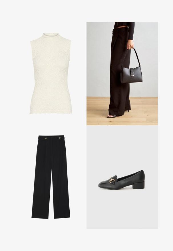 Blusa sin mangas de encaje en color blanco roto con cuello alto. Presenta un patrón floral texturizado y un dobladillo ondulado. Acabado suave en toda la prenda.; Pantalones de pierna ancha negros con cintura alta, detalles de botones en la cinturilla y pliegues en la parte delantera.; Mocasines de cuero negro con tacón plano, que cuentan con un detalle decorativo de hardware dorado en la parte frontal y una textura suave.; Bolso negro con forma estructurada, textura suave y un cierre metálico. Combinado con pantalones anchos negros y sandalias de dedo en un suelo de madera.