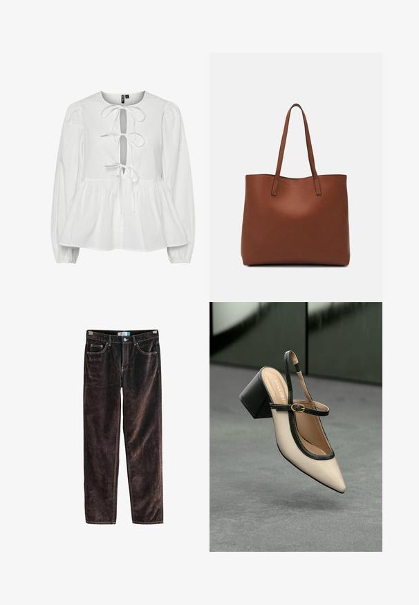 Balta palaidinė su ilgomis pūkuotomis rankovėmis, apvaliu kaklu ir raktų skylutės formos priekiu su raišteliu. Susiraukšlėta liemenė su platėjančia apačia.; Rudonės korduroy tiesaus kirpimo kelnės su penkiomis kišenėmis, kontrastinga siūlė ir mygtuko uždėjimas juosmens srityje. Minkšta tekstūra su briaunotu raštu.; Šviesiai rudos suknelės bateliai su juodu apvadu, auksine sagtimi ir masyviu blokiniu kulnu, stovintys ant pilkos grindų su tamsiai žalia fonu.; Ruda odinė priekabų krepšys su glotnia tekstūra, atviru viršumi ir dviem petnešomis. Su minimalia siuvimo detalėmis ir nematoma aparatūra.