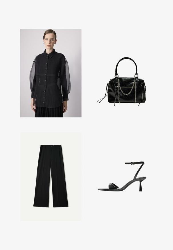 Black button-up shirt with sheer, puffed sleeves and a textured fabric. Features a collar and front button placket.; Bershka WIDE - Trousers - black; Bershka High heeled sandals - black; Bershka WITH CHAIN - Handbag - black