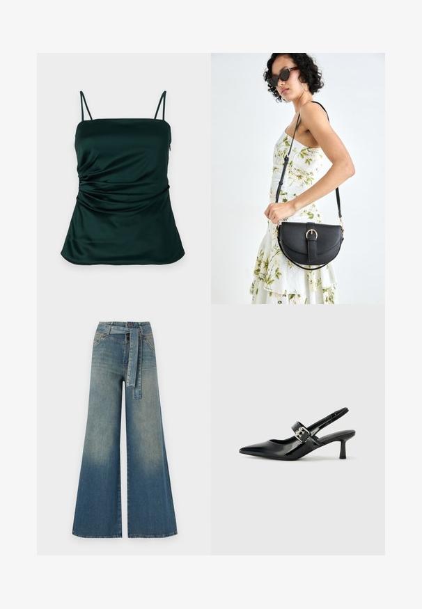 Tamsiai žalia satino marškinėliai su plonomis petnešomis, susiraukšlėjimo detalės šone ir lygi, minkšta tekstūra. Reguliuojamas išmatavimas.; Platus džinsinis kelnes su šviesiai tamsiai mėlynu gradientu, aukštu juosmeniu, diržo kilpomis ir atitinkančiu audinio diržu. Textūruotas džinsinis paviršius.; Juodai lakuoti slingback aukštakulniai su smailiu kojų pirštu ir mažais blokiniais kulniukais, su sidabro sagtimi ant dirželio.; Juodas odinis krepšys su išlenkta forma, nuimamu dirželiu ir auksiniais detalėmis. Krepšys turi kilpą su sagtimi.