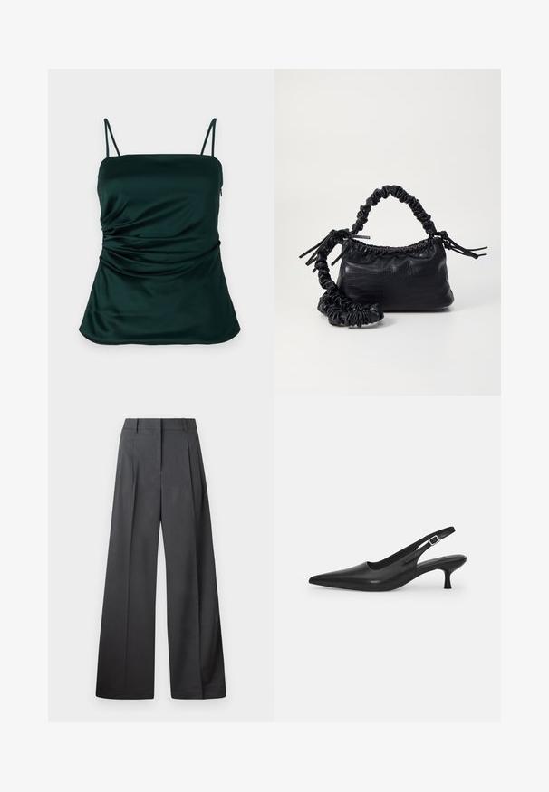 Dark green satin camisole with thin straps, ruched detailing on the side, and a smooth, soft texture. Adjustable fit design.; Wide-leg trousers in dark gray fabric, featuring a high waist, single pleats, and a smooth texture with a clean finish at the hems.; Black leather slingback shoe with a pointed toe and a slim, curved heel. Features a discrete adjustable strap with a metal buckle.; Black faux leather handbag with a crocodile texture, cinched top, and a scrunched strap. Appears soft and compact in design.