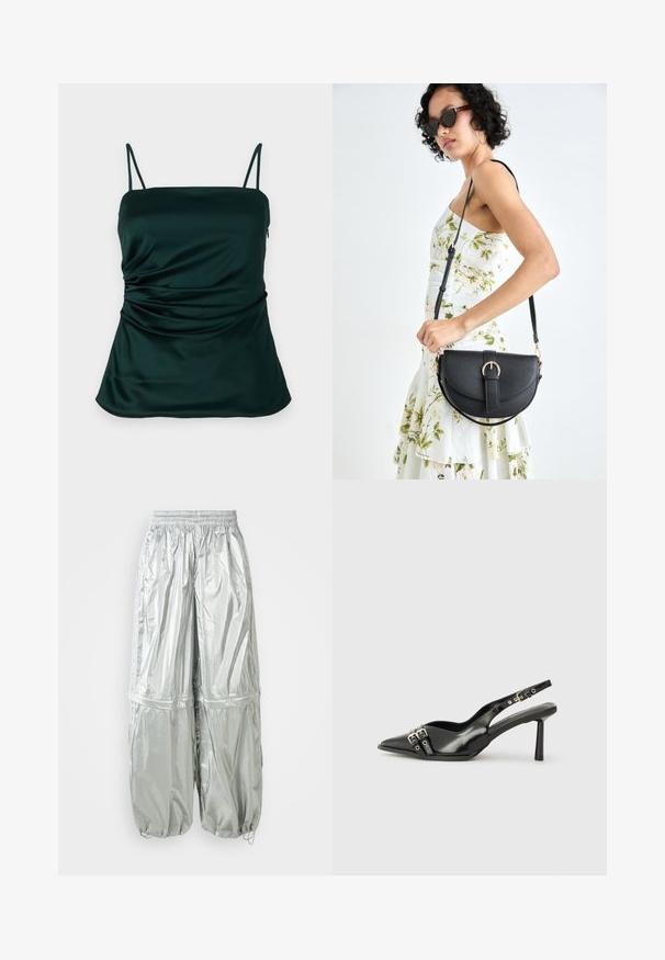 Temnozelena satenasta majica s tankimi naramnicami, z nabranim detajlom ob strani in gladko, mehko teksturo. Oblikovana za prilagodljivo prileganje.; Svetlo sive lahke cargo hlače z sijočo teksturo, elastičnim pasom, nabranimi manšetami in dvema velikima sprednjima žepoma.; Črne patentne usnjene sandale s koničastim nosom, zankami okoli gležnja s srebrnimi sponkami in opremo ter vitkimi petami.; Črna usnjena torbica s ukrivljeno obliko, z odstranljivo naramnico in zlatimi dodatki. Torbica ima pokrov s podrobnostmi v obliki zaponke.