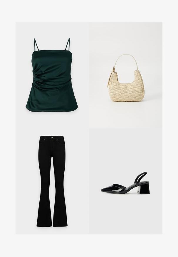 Dark green satin camisole with thin straps, ruched detailing on the side, and a smooth, soft texture. Adjustable fit design.; Black high-waist jeans with a button and zip closure, front pockets, and flared legs laid flat on a white background.; Black patent leather slingback heels with a pointed toe and a geometric block heel. Features a sleek, minimal design and smooth texture.; Woven straw handbag in beige with a curved shape, a short handle, and a side zipper. Features textured surface and minimalistic design.