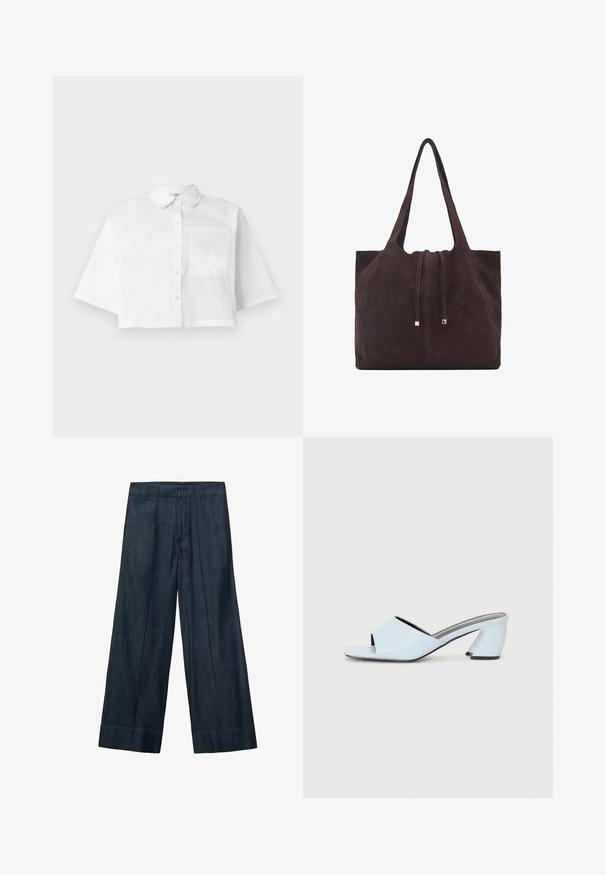 White cropped shirt made of cotton, featuring a button-up front, a classic collar, and a single chest pocket with short sleeves.; Wide-leg trousers in dark denim, featuring a high waistband, front pleats, and a smooth texture. The hem is straight with no additional detailing.; Light blue open-toe heeled mules with a geometric design, featuring a wide strap across the foot and a chunky, angular heel.; Mango Tote bag - dark brown