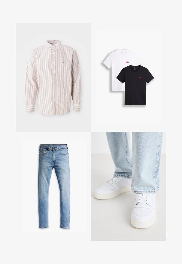 Wit overhemd met lange mouwen en dunne rode strepen, met een button-down kraag, knopen aan de voorkant en een klein geborduurd logo op de linkerborst.; Twee t-shirts met korte mouwen: één wit en één zwart. Beide gemaakt van katoen met een rood Levi's logo op de borst. Eenvoudig ontwerp met ronde hals.; Lichtblauwe denim jeans met een rechte snit, vijf zakken, knoopsluiting en subtiele vervaging over de stof.; Witte leren lage sneakers met geperforeerde neus, platte veters en een minimalistisch ontwerp. Gecombineerd met lichtblauwe denim jeans.