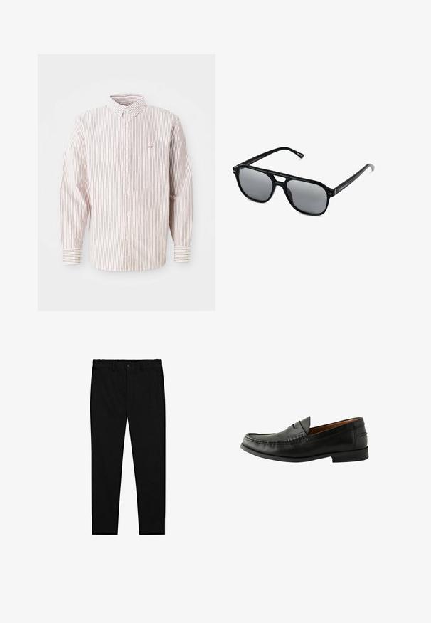 Chemise à manches longues blanche avec de fines rayures rouges, col boutonné, boutons sur le devant et petit logo brodé sur la poitrine gauche.; Des débardeurs en coton blanc, design sans manches, col rond, texture unie, avec un tissu doux et léger. Deux pièces affichées.; Pantalons noirs sur mesure avec fermeture à bouton, passants de ceinture et jambes droites slim, présentés sur un fond blanc.; Mocassins en cuir noir avec une finition lisse, un bout arrondi, des détails cousus à la main et une semelle en caoutchouc basse. Design classique et polyvalent.; Lunettes de soleil noires avec des montures rectangulaires, des verres teintés gris et un design avec découpes au niveau du pont. Matériau plastique lisse et brillant, avec des branches étroites.