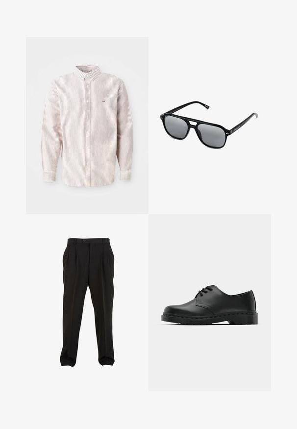 Camisa de manga larga en blanco con finas rayas rojas, cuello con botones, botones en el frente y pequeño logo bordado en el lado izquierdo del pecho.; Pantalones negros de tejido suave, con pliegues frontales, cinturilla con botón y puños en los tobillos ajustados. Silueta clásica y ajustada.; Zapato oxford de cuero negro con diseño de cordones, punta redonda, suela de goma plana y un sutil detalle de costura en la parte superior.; Gafas de sol negras con montura rectangular, lentes ahumados grises y diseño con corte en el puente. Material plástico brillante y elegante, con varillas estrechas.