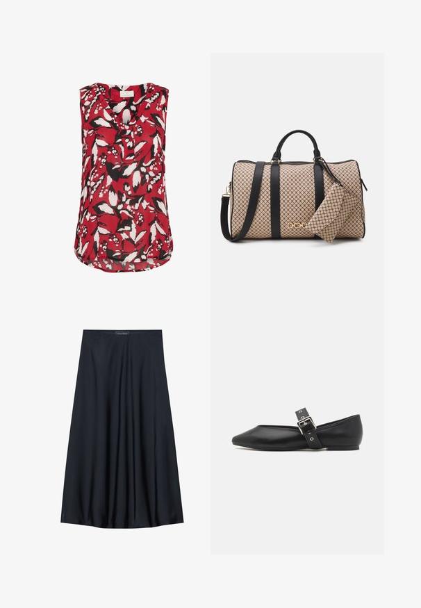 Rød ærmeløs bluse med blomstermønster i sort og hvid, der har V-hals og en let buet kant for en afslappet pasform.; Sort, knælang nederdel lavet af letvægtsstof med et svævende design. Har en glat tekstur og subtile plisseringer for en ekstra detalje.; Sorte læder flade sko med spids tå, side rem med en sølv spænde og en lav hæl. Glat tekstur og minimalistisk design.; Duffel taske med en beige mønstret ydre, sorte læderstropper, gyldent hardware og en lille matchende pung fastgjort. Struktureret design.; Guldtonet rektangulær armbåndsur med en hvid skive, sølvtonede time markører og et holdbart metalled. Vandafvisende funktion inkluderet.