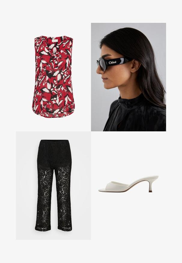 Rode mouwloze blouse met een bloemenpatroon in zwart en wit, voorzien van een V-hals en een licht gebogen zoom voor een relaxte pasvorm.; Zwarte kant brede pijpen broek met een ondoorzichtige onderbepaling, bloemenpatroon en elastische tailleband op een effen achtergrond.; Witte open-toed hoge hakken met een gladde afwerking, minimalistisch ontwerp en een slanke hak, met een subtiele bruine accent op de zool.; Zwarte zonnebril met ronde glazen en gedurfde, hoekige monturen met het merk "Chloé" in het wit aan de zijkant. Glad, glanzend afwerking.