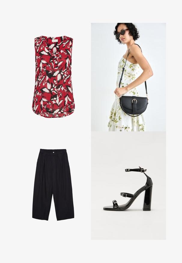 Top senza maniche rosso con motivo floreale in bianco e nero, con scollatura a V e orlo leggermente curvo per una vestibilità rilassata.; Pantaloni culotte neri in poliestere con una cintura elastica, due pieghe frontali e una silhouette ampia. Nessun motivo visibile o dettagli in metallo.; Sandali con tacco in vernice nera, con punta squadrata, cinturini alla caviglia e fibbie in argento. Presentano un tacco a blocco spesso per maggiore stabilità.; Borsa a tracolla nera in pelle con una forma curva, manico rimovibile e accessori dorati. La borsa presenta una patta con un dettaglio a fibbia.