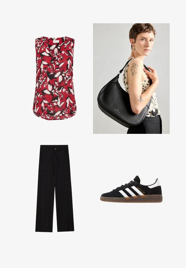 Crvena majica bez rukava s cvjetnim uzorkom u crnoj i bijeloj boji, s V-izrezom i blago zakrivljenim rubom za opušteni kroj.; Široke crne hlače izrađene od glatkog materijala, s prednjim džepovima i kopčanjem na gumb u struku. Minimalistički dizajn bez uzoraka.; Crni Adidas tenisice s bijelim prugama, zlatnim natpisom "Spezial", gumeni potplat i bijeli oznaka na peti, prikazane u bočnom pogledu.; Crna kožna hobo torba s teksturiranim završetkom, koja sadrži srebrne hardverske detalje i pričvršćen mali novčanik. Na prednjoj strani vidljiv je logo.