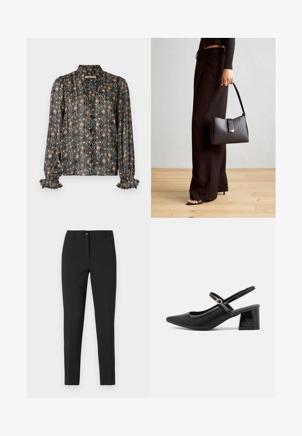 Rakstainā melnā blūze ar dimanta formām bēšā, pelēkā un melnā krāsā. Tam ir augsts apkakle, pogu aizdare un volānu aproces.; Melnas piegrieztas bikses no gludas auduma, ar klasisku jostasvietu, priekšējo rāvējslēdzēju un sānu kabatām eleganti izsmalcinātā dizainā.; Melns patentēts ādas sandales ar norādīta pirksta formu, noapaļotu izgriezuma dizainu un bloķētu papēdi. Iezīmēta ar zelta toņa sprādzi.; Melnā somiņa ar strukturētu formu, gludu tekstūru un metālu sprādzi. Saskaņota ar platām melnām biksēm un sandālēm ar atvērtu purngalu uz koka grīdas.