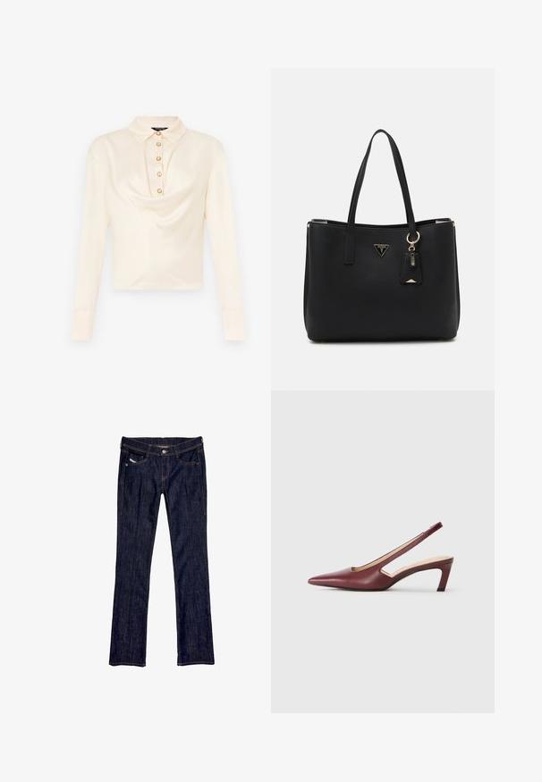 Blusa de mangas longas em creme claro com gola collare, apresentando uma pala frontal com seis botões redondos em tom dourado e um design de tecido drapeado.; Calças de ganga azul-escuras com um design de perna reta, apresentando um fecho de botão frontal, cinco bolsos e costuras visíveis ao longo das costuras.; Sapatos de salto slingback em bordeaux com bico pormenorizado, detalhes recortados na lateral e um salto quadrado de altura média. Acabamento em pele suave.; Mala tote preta feita de material sintético texturizado, com duas alças, uma placa de logótipo dourada e uma etiqueta pequena com um detalhe em acento.