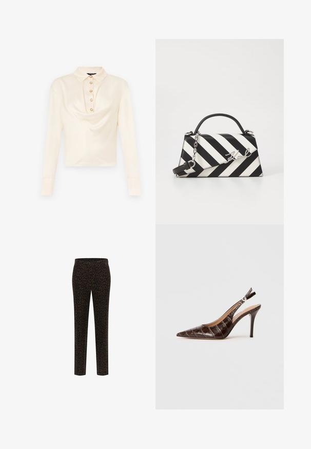 Pikkade varrukatega, helesinine pluus, millel on kraega kaelus, esiflapil on kuus ümmargust kuldset nuppu ja riide kumerdis.; Mustard värvi mustad püksid, leopardi mustriga pruunides toonides, kitsas lõige, elastne vöökoht, sile kangas ja sirged sääred.; Pruun, krokodillikujutusega nahast slingback pump, millel on terav varvas, avatud küljed ja õhuke kõrge konts. Kujundatud kinnitusega. ; Mustriga musta ja valgega käekott, millel on struktureeritud kuju, pehme käepide, eemaldatav ahelriba ja metallist logo aktsent.