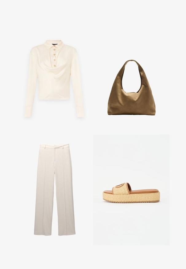 Blusa a maniche lunghe, di un leggero color crema, con colletto e una placca frontale con sei bottoni rotondi color oro e un design di tessuto drappato.; Pantaloni a gamba larga in tessuto beige chiaro con una texture liscia. Presentano una vita aderente, pieghe frontali e nessuna tasca visibile.; Sandali a ciabatta in paglia intrecciata con una fascia in eco-pelle color tabacco e suola a piattaforma, caratterizzati da una superficie testurizzata e un dettaglio accentato circolare.; Borsa a spalla in tessuto marrone con un corpo ampio e arrotondato e una grande maniglia a taglio. Texture morbida, design minimalista e senza hardware visibile.