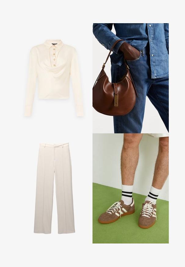 Bluzica dugih rukava u svijetloj krem boji s ovratnikom, koja ima prednji izbor sa šest okruglih zlatnih gumba i dizajnom s drapiranim materijalom.; Hlače širokog kroja od svijetlosmeđeg materijala s glatkom teksturom. Imaju prilagođeni pojas, prednje nabore i bez vidljivih džepova.; Smeđe nubuk tenisice s bijelim detaljima i vezicama. Gumeni potplat. Nosene s bijelim čarapama s crnim prugama. Zeleno teksturirano pod.; Smeđa kožna hobo torba zaobljenog oblika, sa zlatnim metalnim detaljima i kontrastnim šavovima. Uparena s traper košuljom i trapericama.