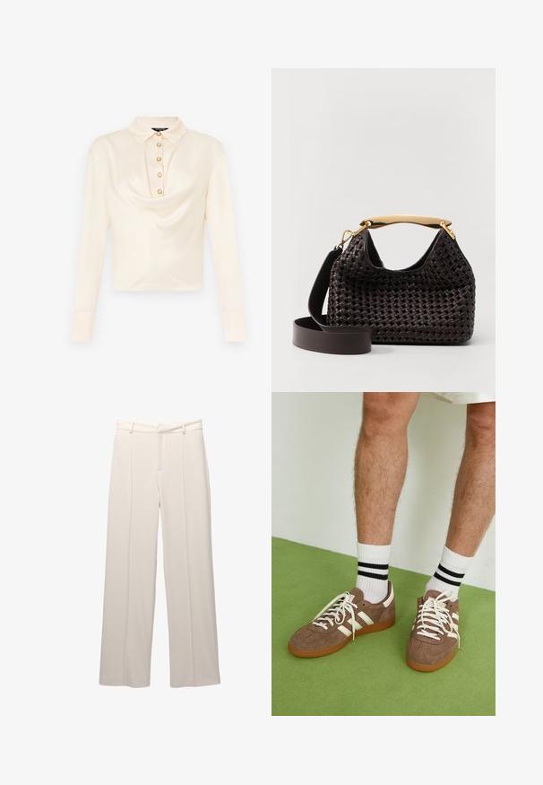 Blusa a maniche lunghe, di un leggero color crema, con colletto e una placca frontale con sei bottoni rotondi color oro e un design di tessuto drappato.; Pantaloni a gamba larga in tessuto beige chiaro con una texture liscia. Presentano una vita aderente, pieghe frontali e nessuna tasca visibile.; Sneaker in suede marrone con dettagli e lacci bianchi. Suola in gomma color gomma. Indossati con calzini bianchi con righe nere. Pavimento verde texturizzato.; Elleme BOOMERANG WOVEN - Borsa a mano - brown