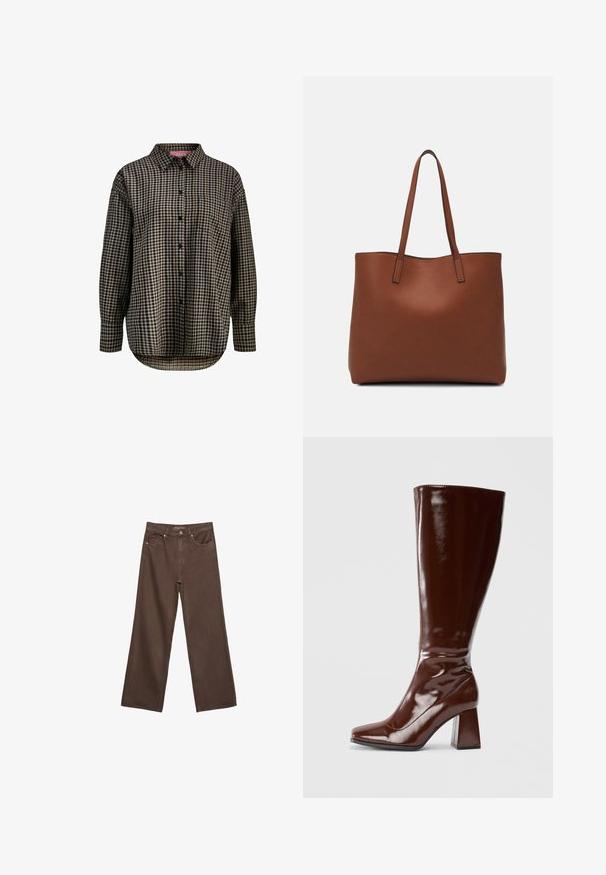 Langærmet skjorte med knaplukning i sort og beige ternet mønster, en enkelt brystlomme, krave og buet kant.; Bredde ben brun denim jeans med høj talje, forlommer og klassisk knaplukning. Glat tekstur med diskret syninger.; Knæhøje brune patentlæderstøvler med firkantet tå, glansfuld finish og en kraftig hæl for stabilitet. Sømløs design uden synligt hardware.; Brun læder tote taske med en glat overflade, åben topdesign og to skulderremme. Har minimal syning og ingen synlig hardware.