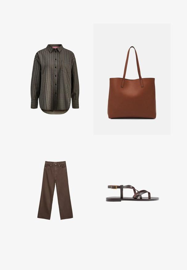 Srajca s dolgimi rokavi z gumbom, s črno-bež karo vzorcem, enim žepom na prsih, ovratnikom in ukrivljenim robom.; Široke rjave kavbojke iz denima, ki imajo visok pas, sprednje žepe in klasično zapiranje na gumb. Gladka tekstura s subtilnim šivom.; Rjav usnjen sandal z načinom prečnega črta, zaklepom okoli gležnja in ravnim podplatom z minimalnimi šivi.; Rjava usnjena torba z gladko teksturo, odprto zasnovo zgoraj in dvema naramnima trakovoma. Opremljena je z minimalnim šivanjem in brez vidnih kovinskih delov.