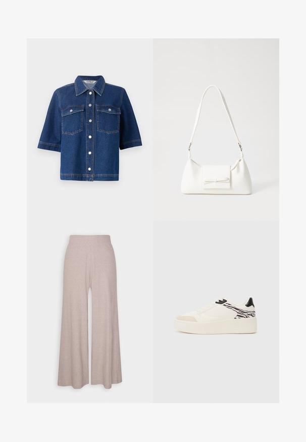 Jaqueta de ganga azul-escura com mangas curtas, dois bolsos no peito, botões de pressão prateados e gola.; Calças largas de tom cinza claro, feitas de um tecido suave e estriado, com uma cintura alta e pernas de comprimento total com uma textura subtil.; Even&Odd Sapatilhas - white/black; Mala sintética branca com formato triangular, aba frontal plana e detalhe de laço, alça ajustável, textura suave e design minimalista.