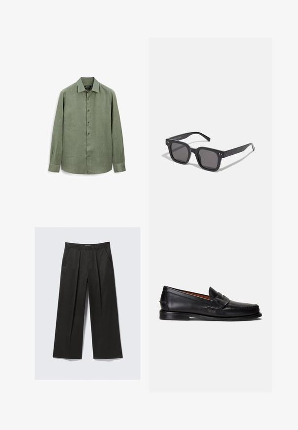 Camicia a maniche lunghe verde chiaro realizzata in tessuto testurizzato, con colletto a punta e una chiusura a bottoni completa con sei bottoni abbinati.; Pantaloni a gamba larga neri con una texture liscia, dotati di due tasche frontali e una vita leggermente rialzata.; Mocassini in pelle nera con finitura liscia, punta arrotondata e fascia decorativa sulla tomaia. Caratterizzati da una suola nera bassa.; Occhiali da sole neri rettangolari con lenti scure, dotati di una montatura spessa, accenti sottili sui lati e senza loghi visibili oltre al nome del marchio.; Orologio in acciaio inox argento con quadrante rettangolare nero, dotato di lancette analogiche, display digitale e etichetta di resistenza all'acqua.