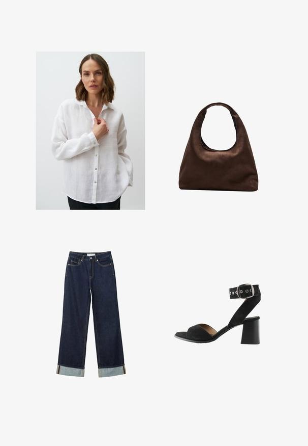 Weißes Leinen-Hemd mit Knöpfen, Kragen, langen Ärmeln und lockerem Schnitt; verfügt über silberne Knöpfe und einen leicht strukturierten Stoff.; Dunkelblaue, weit geschnittene Jeans mit hoher Taille, ausgestattet mit aufgerollten Säumen, Kontrastnähten und einem Fünf-Taschen-Design. Hergestellt aus Denim-Stoff.; Schwarze Wildleder-High-Heelsandale mit einem Knöchelriemen und einer Schnalle, ausgestattet mit einem Peeptoe-Design und einem klobigen Absatz.; Weiche braune Hobo-Stil Handtasche mit einem einzigen breiten Trageriemen und einer geschwungenen Oberteilöffnung, auf einem weißen Hintergrund präsentiert.