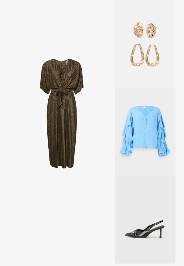 Lyseblå bluse med V-udskæring, der har knaplukninger og lange ærmer pyntet med lagdelte flæser. Blødt stoftekstur.; Brun, plisseret maxikjole med V-hals, brede ærmer og et bælte, der er bundet om livet. Glat tekstur med en subtil glans.; Sorte patenterede læderslagback sko med spids tå, ankleremme med sølvspænder og hardware samt en slank hæl.; Guldmetallisk håndtaske med et struktureret design, glat tekstur og justerbar rem. Har en unik trekantet form og minimalistisk syning.; Guldtonede øreringe med teksturerede, bølgede former. Inkluderer skulpturelle clips og en åben ringdesign med en hamret finish.