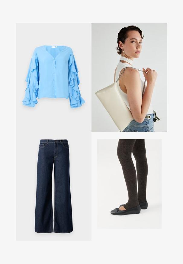 Light blue blouse with a V-neckline, featuring button closures and long sleeves adorned with layered ruffles. Soft fabric texture.; Wide-leg jeans in dark blue denim. Features contrast stitching, five pockets, and a button closure at the waist. Smooth texture.; Black flat shoes with a small bow detail at the toe, paired with dark brown ribbed tights. Shoes have a smooth texture and low profile.; White rectangular clutch bag made of glossy material, featuring a silver chain strap. Model poses, showcasing the bag against a plain background.