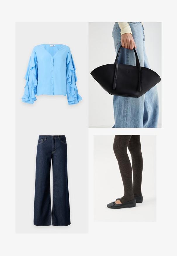 Light blue blouse with a V-neckline, featuring button closures and long sleeves adorned with layered ruffles. Soft fabric texture.; Wide-leg jeans in dark blue denim. Features contrast stitching, five pockets, and a button closure at the waist. Smooth texture.; Black flat shoes with a small bow detail at the toe, paired with dark brown ribbed tights. Shoes have a smooth texture and low profile.; Black leather handbag with a unique fan shape, featuring flat handles. The surface has a pebbled texture and a minimalistic design.