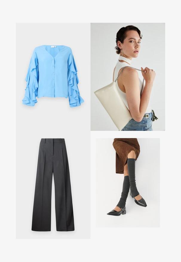 Light blue blouse with a V-neckline, featuring button closures and long sleeves adorned with layered ruffles. Soft fabric texture.; Wide-leg trousers in dark gray fabric, featuring a high waist, single pleats, and a smooth texture with a clean finish at the hems.; Black patent leather pointed-toe shoes with a block heel and ankle strap, paired with gray ribbed leg warmers and a brown suede skirt.; White rectangular clutch bag made of glossy material, featuring a silver chain strap. Model poses, showcasing the bag against a plain background.