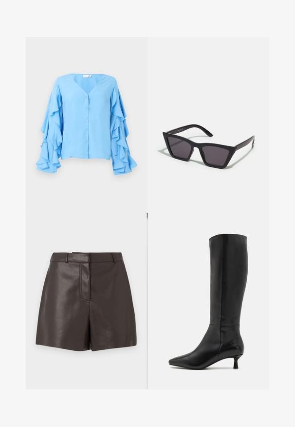 Lys blå bluse med V-hals, med knaplukninger og lange ærmer pyntet med lagdelte flæser. Blød stoftekstur.; Brune skinnshorts med en jevn tekstur, med en front søm, beltehemper og to sidelommer. Designet for en tettsittende silhuett.; Zign Støvler - black; Svarte, kantete solbriller med grå linser; laget av plast, med tykke stenger som har en glatt overflate og ingen synlige festemidler.; Brun lærveske med to robuste håndtak, rektangulær form, jevn tekstur og glidelås. Minimalistisk design uten synlige mønstre.