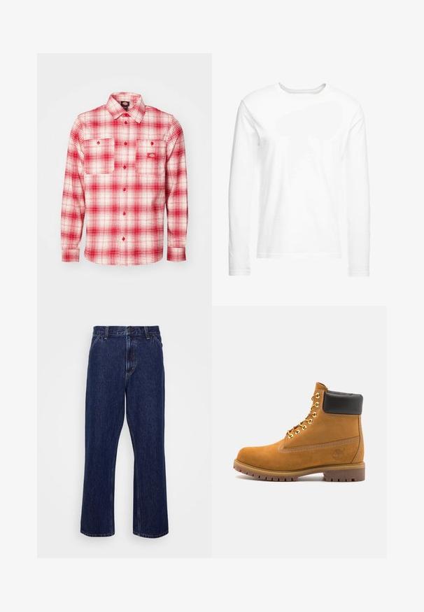 Sarkana un balta šahtīga flaneļa krekls ar garām piedurknēm, pogājama priekšpuse, divas krūšu kabatas un uzlīme kreisajā pusē. Mīksta tekstūra.; Garā piedurkņu balta T-krekls, kas izgatavots no mīksta kokvilnas. Apaļa kakla izgriezuma forma ar taisnām apakšmalām un bez redzamām rakstiem vai grafikas.; Tumši zilas džinsu bikses ar taisnām kājām, kurām ir pogu aizdare, piecu kabatu stils un diskrēti šuvumi.; Brūna zamša potīte ar melnu izšuvumu ap kaklu, zelta metāla acu caurumi, balta šuvju apdare un izturīgs gumijas zole ar izteiktu zīmējumu.