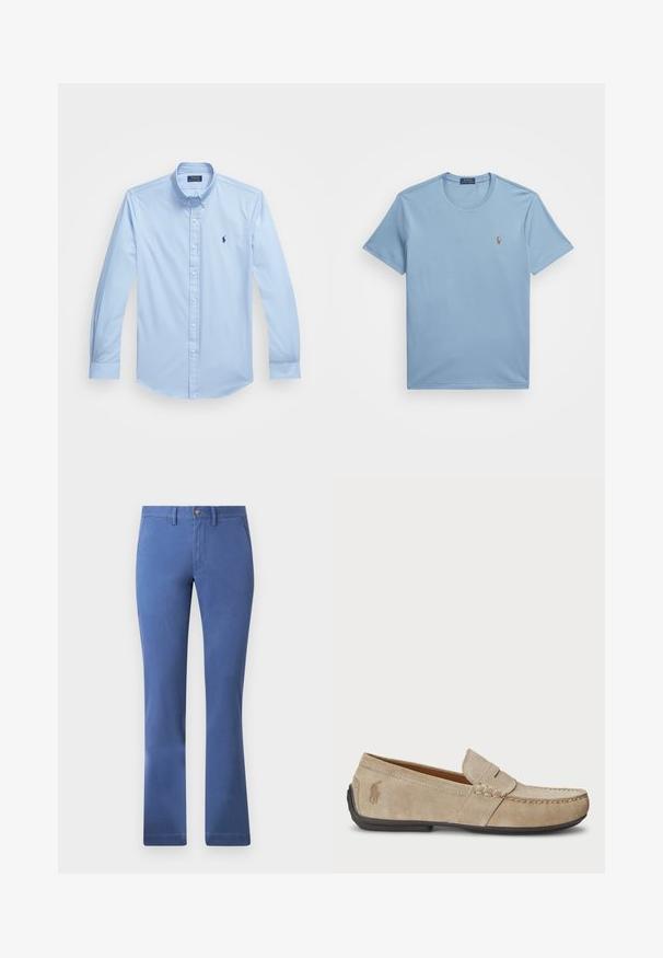 Világoskék, hosszú ujjú gombos ing, pamutból készült, hegyes gallérral és hímzett logóval a bal mellrészen. Simító elülső kialakítás.; Világoskék pamut póló kerek nyakkal és rövid ujjal, bal mellrészen egy apró hímzett logóval. Simává tzni.; Kék pamut keverék nadrág, egyenes szárú kivitelben, gombos záródással, funkcionális zsebekkel és sima textúrával. Egyszerű és sokoldalú stílus.; Beige velúr mokaszin, varrott díszítéssel, lapos gumitalppal és kis logóval az oldalon. Klasszikus slip-on dizájn, puha tapintású.