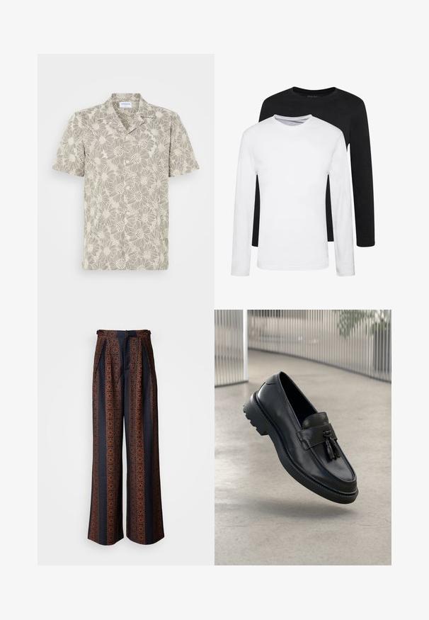 Camisa de manga curta em bege claro com um padrão de renda floral, botões na parte da frente e um design de colarinho clássico.; Duas camisas de mangas longas, uma preta e uma branca, feitas de algodão, com decote redondo e uma textura suave, expostas em uma disposição empilhada.; Calças largas em tecido azul-escuro com um intrincado padrão geométrico laranja, apresentando frente plissada e uma cintura ajustada.; Mocassins de couro preto com acabamento liso, tassel decorativo, sola grossa de borracha e detalhes costurados. Design leve e elegante.