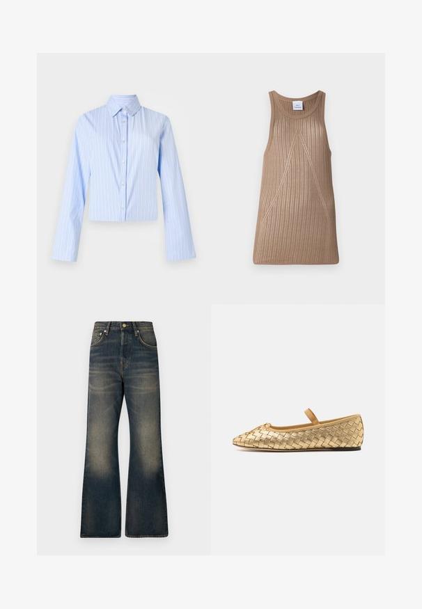 Lyst blå croppet skjorte med vertikale hvite striper, lange ermer, knappestolpe foran og klassisk krage. Glatt tekstur.; Beige, ermeløs strikket topp med en ribbestruktur, som har en A-linjeform og subtile diagonale sømdetaljer.; Mørkeblå denim bell-bottom jeans med en falmet vask, som har fem lommer, knaplukning og kontraststingdetaljer.; Loeffler Randall LEONIE SOFT BALLET FLAT - Ballerina med reim - gold