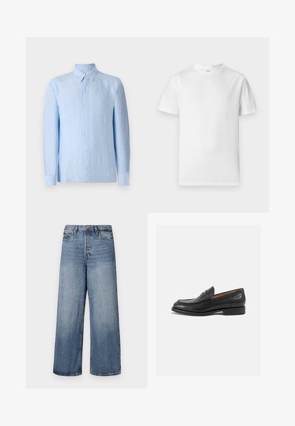 Lichtblauw, langarm overhemd met knoppen, gemaakt van textuurstof. Beschikt over een klassieke kraag en een voorste knoopsluiting.; Witte T-shirt met korte mouwen van zacht katoen. Heeft een ronde halslijn en een rechte zoom met minimale details.; Wijde blauwe denim jeans met een vervaagde was, vijf zakken en een knoopsluiting. Voorzien van riemlussen en gestikte details.; Zwarte leren loafers met een gladde afwerking, ronde neus en decoratieve stiksels op de wreef. Lage gestapelde hak en een lichte glans.