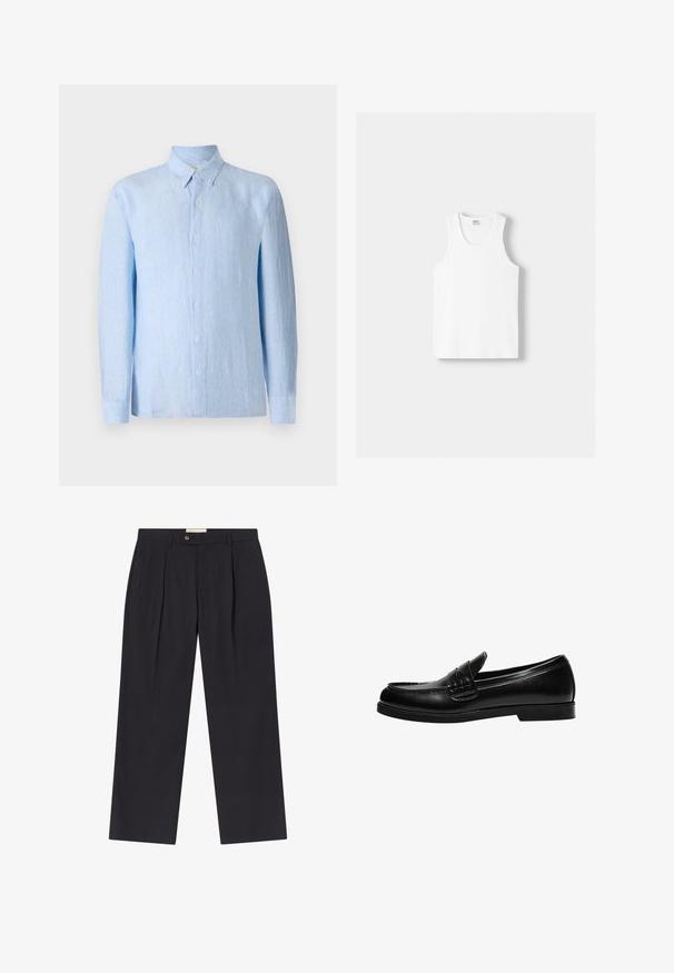 Chemise boutonnée en bleu clair à manches longues, fabriquée en tissu texturé. Elle possède un col classique et une patte de boutonnage à l'avant.; Débardeur en coton blanc avec un col rond, de larges bretelles et un ourlet droit, présentant une texture lisse et sans motifs visibles.; Pantalons noirs marins ajustés à taille haute, avec deux plis à l'avant, fermeture par bouton et jambes droites en tissu lisse.; Mocassin en cuir noir avec une finition lisse, featuring un détail de couture sur le devant et une semelle en caoutchouc noir solide et basse.