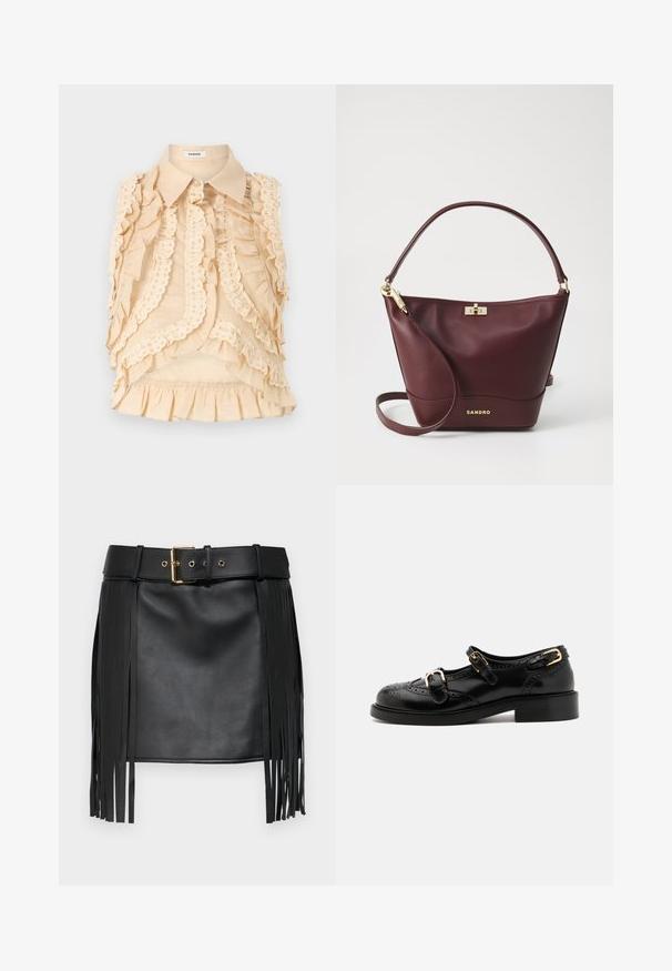 sandro CHEMISE - Užsagstoma palaidinė - beige; Juodas dirbtinės odos sijonas su frinžuotais akcentais. Turi platų diržą su auksiniu sagtimi ir daugybe reguliavimo skylių. Lygi tekstūra.; Juodi odiniai batai su brogučių detalėmis, turintys dvi sagtis, apvalų nosį ir žemą kulną. Lygus paviršius su blizgiu finišu.; Tamsiai raudonos odos rankinė su struktūrizuota forma, plokščiu pagrindu, apvalia rankena ir auksiniais aksesuarais, įskaitant užsegimą ir logotipo detalę.
