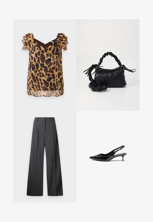 Leopard print blouse in sheer fabric, featuring short ruffled sleeves, a V-neckline, and a brown accent at the shoulders.; Wide-leg trousers in dark gray fabric, featuring a high waist, single pleats, and a smooth texture with a clean finish at the hems.; Black leather slingback heels with a pointed toe, small kitten heel, and a decorative knot detail on the front. Smooth texture throughout.; Black faux leather handbag with a crocodile texture, cinched top, and a scrunched strap. Appears soft and compact in design.