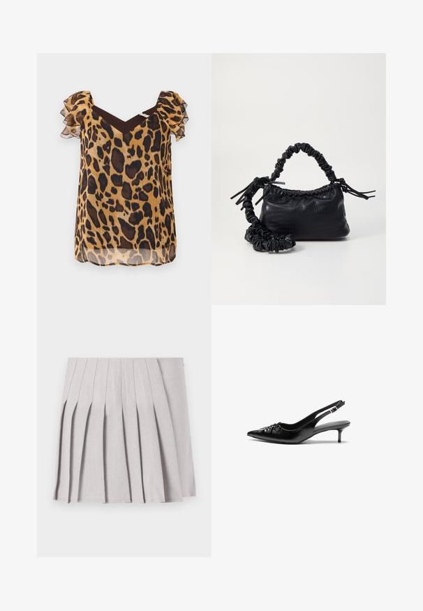 Leopard print blouse in sheer fabric, featuring short ruffled sleeves, a V-neckline, and a brown accent at the shoulders.; Gray pleated skirt with a smooth texture, featuring multiple vertical folds and a fitted waistline. Made from lightweight fabric.; Black leather slingback heels with a pointed toe, small kitten heel, and a decorative knot detail on the front. Smooth texture throughout.; Black faux leather handbag with a crocodile texture, cinched top, and a scrunched strap. Appears soft and compact in design.