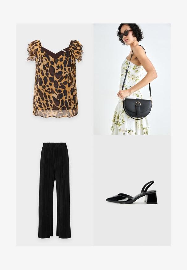 Bluse aus durchscheinendem Stoff mit Leopardenmuster, kurzen Rüsche Ärmeln, einem V-Ausschnitt und braunen Akzenten an den Schultern.; Schwarze plissierte Hose mit elastischem Bund. Verfügt über weite Hosenbeine und einen glatten, strukturierten Stoff mit vertikalen Streifen.; Schwarze Lackleder-Slingback-High Heels mit spitzem Schuh und einem geometrischen Blockabsatz. Verfügt über ein schlankes, minimalistisches Design und eine glatte Textur.; Schwarze Lederhandtasche mit geschwungener Form, abnehmbarem Tragegurt und goldenen Beschlägen. Die Tasche verfügt über einen Deckel mit einer Schnallen-Details.